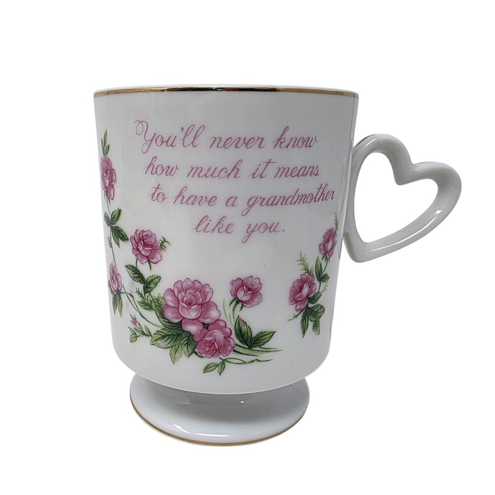 Vintage Lefton China Grandmother Mug Heart Handle Pink Roses Pedestal Cup